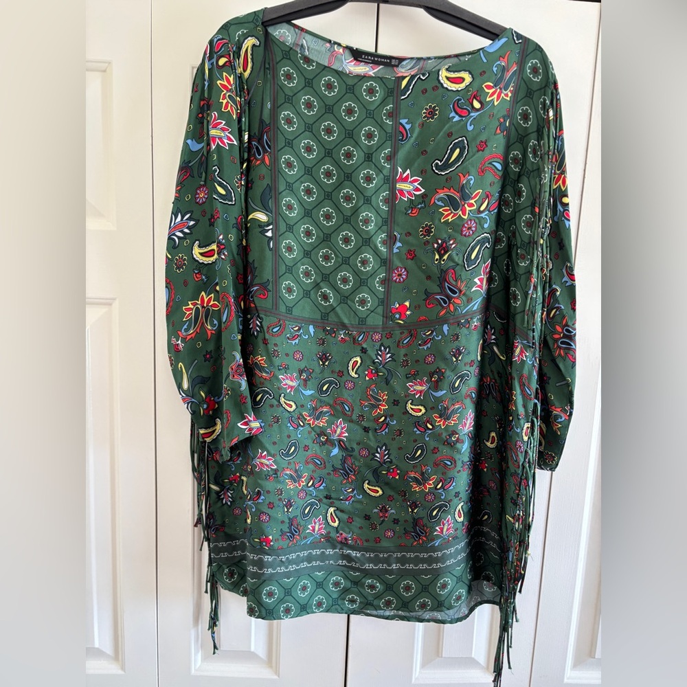 Zara Woman Mini Dress/ Tunic US XXL Green Paisley Satin Fringe